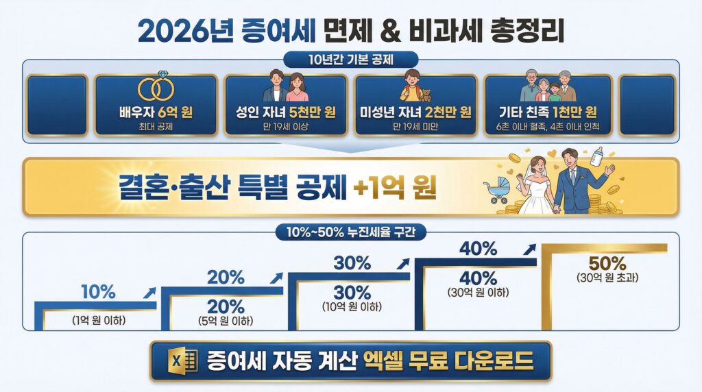2026년 자녀 증여세 면제 한도 10년 기본 공제/결혼출산 특별공제/누진세율 구간