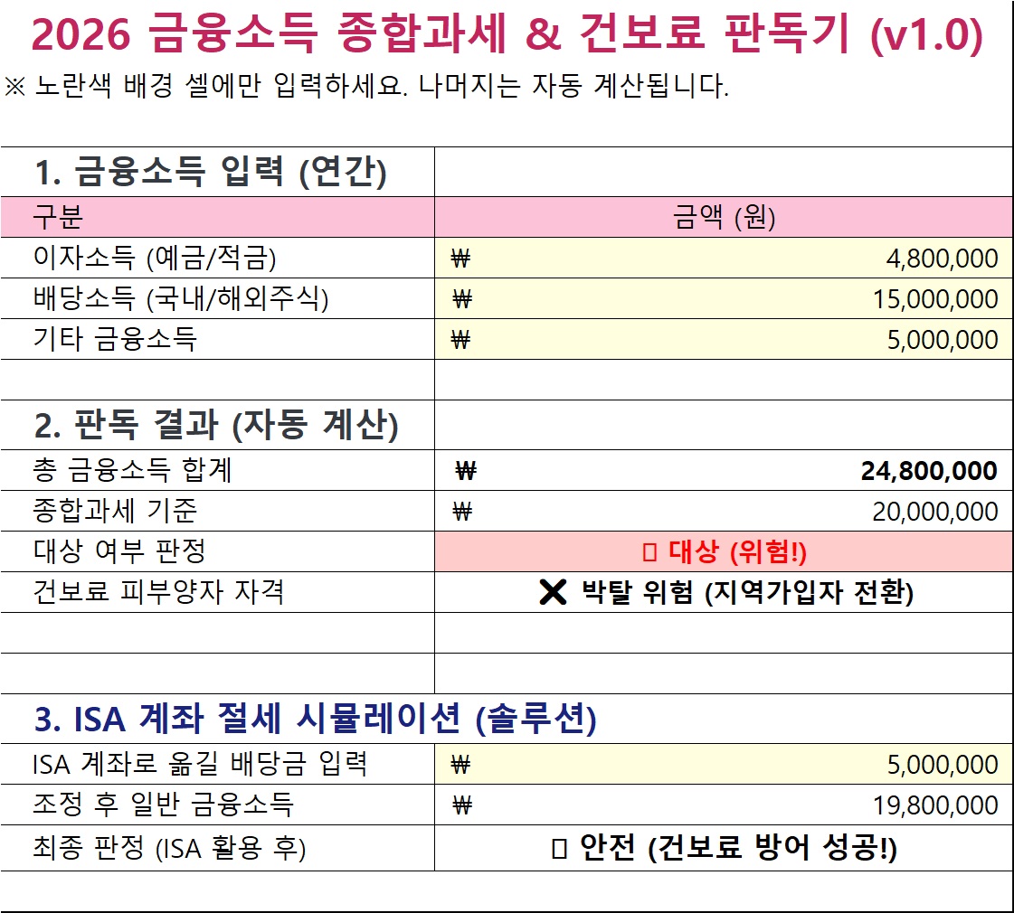 금융소득 종합과세 엑셀 계산기 실행 화면 (위험 경고)