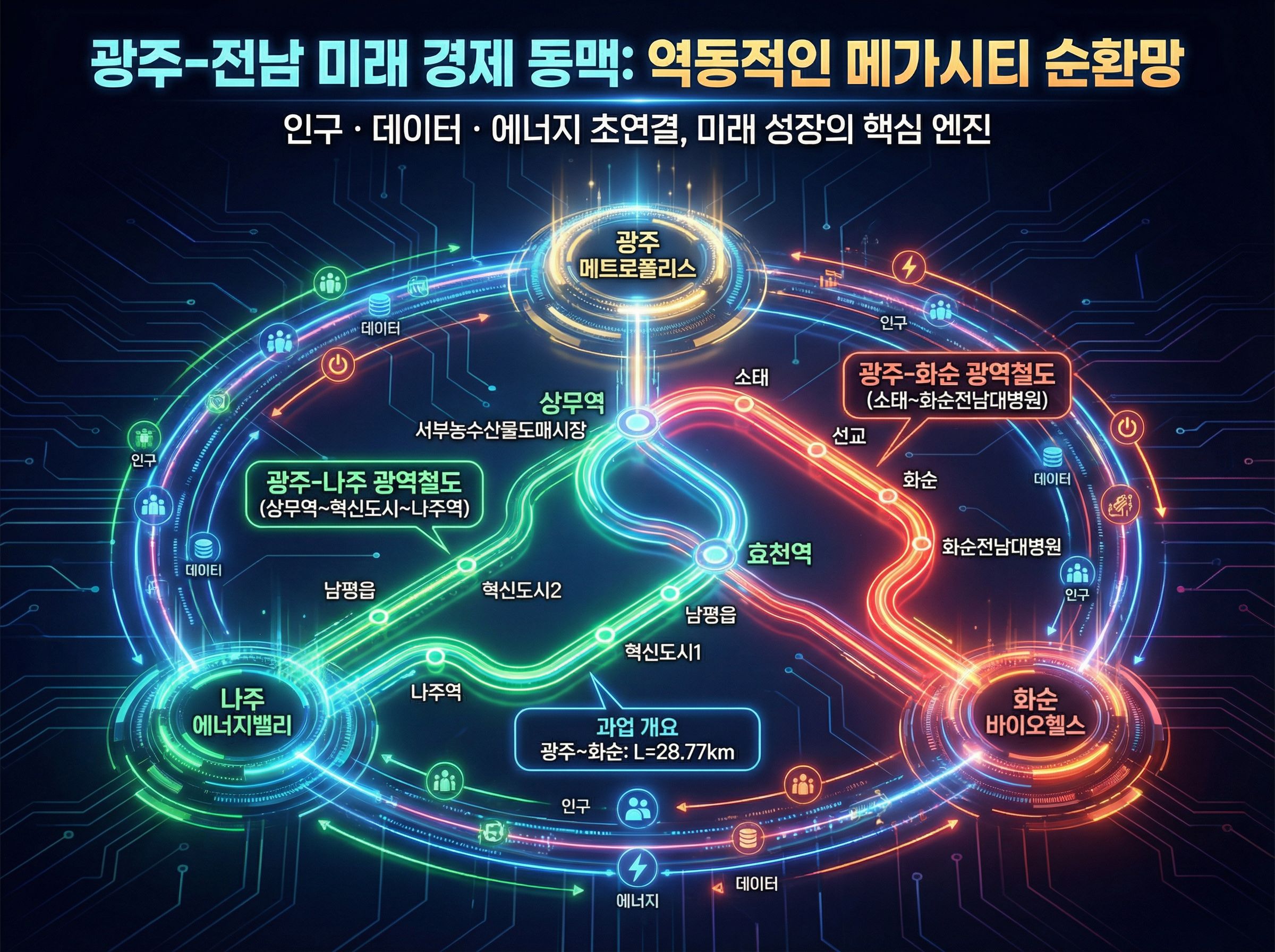 광주-화순, 광주-나주 광역철도 노선도 및 통합 교통망 인포그래픽