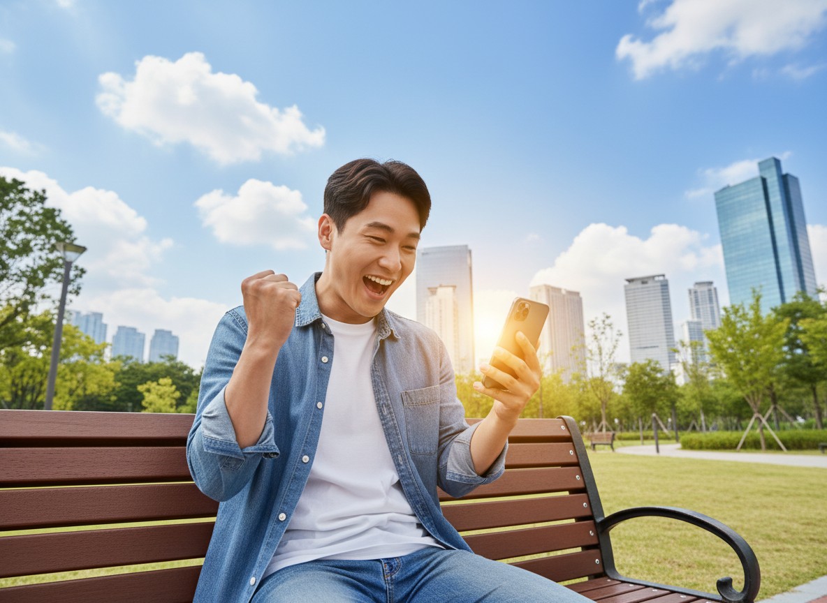 청년미래적금 만기 예상 금액을 확인하며 기뻐하는 20대 커플의 모습