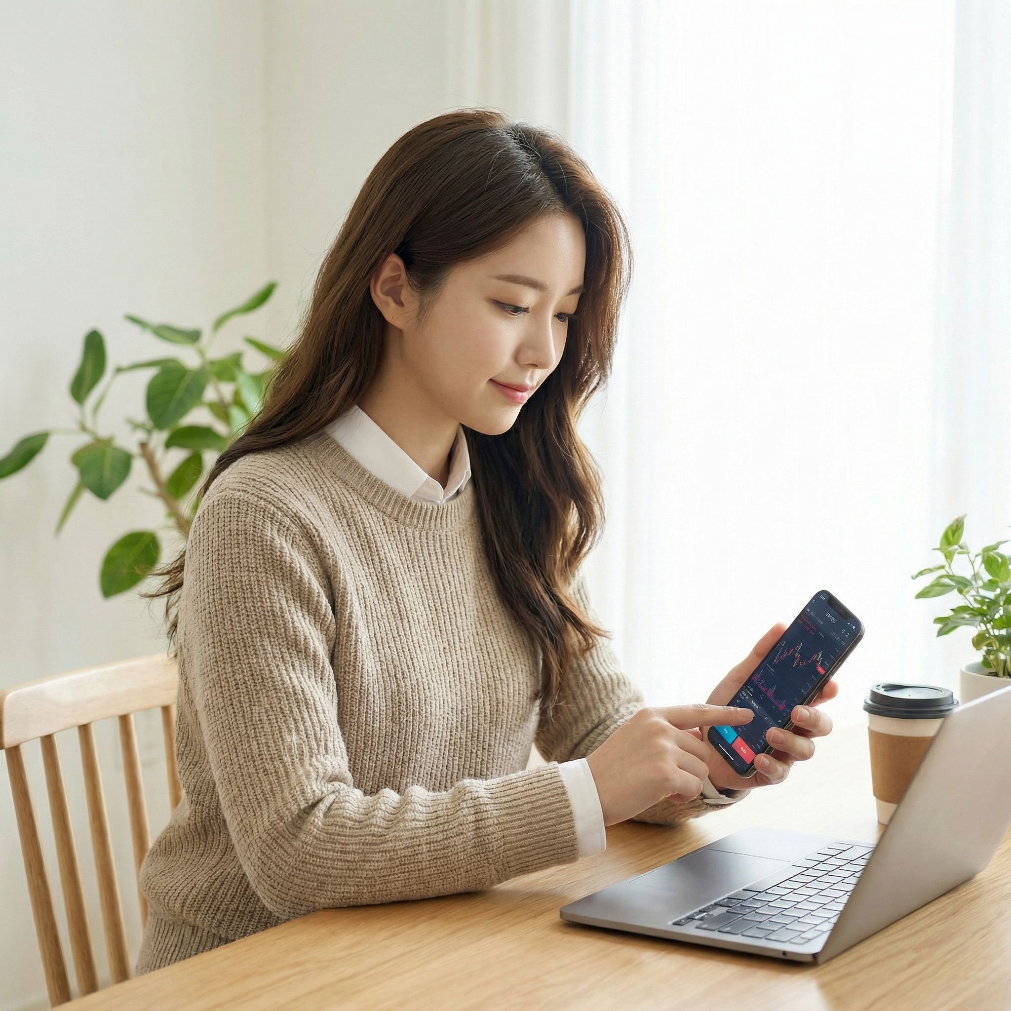 스마트폰으로 공모주 청약 정보를 확인하는 여성