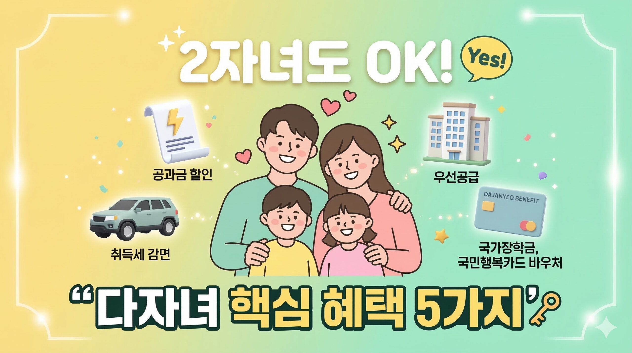 [2026 최신] 다자녀 혜택 2명 기준 완벽 정리 (전기요금, 자동차, 다둥이 카드)