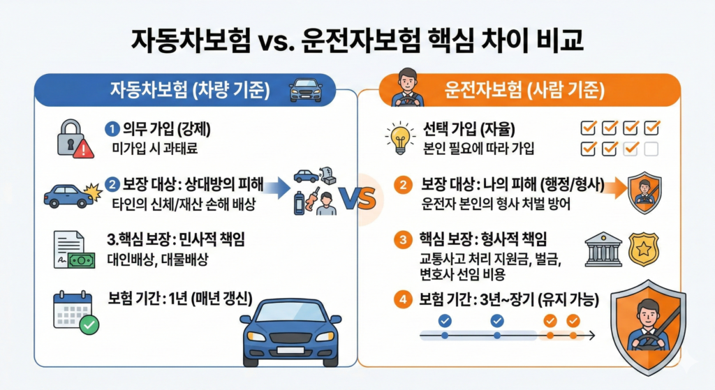 운전자보험과 자동차보험의 차이 인포그래픽